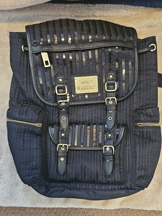 Juicy Couture Black Quilted Sequin Backpack with Gold-Tone Plaque